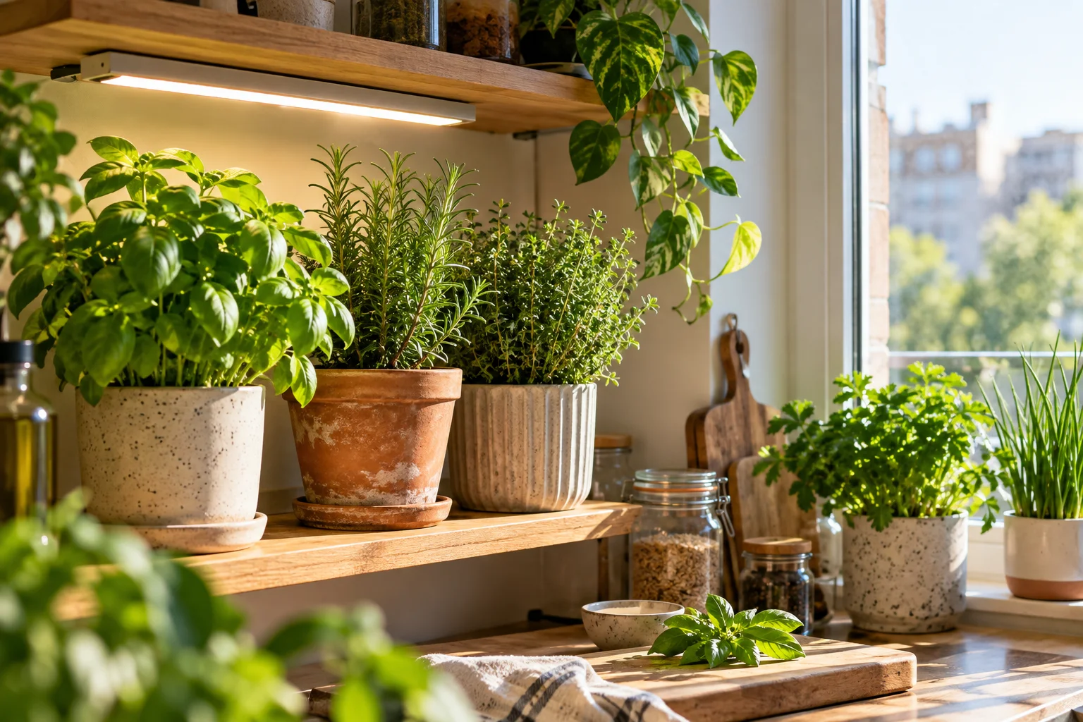 Indoor herbs growing under an LED grow light beside a bright window