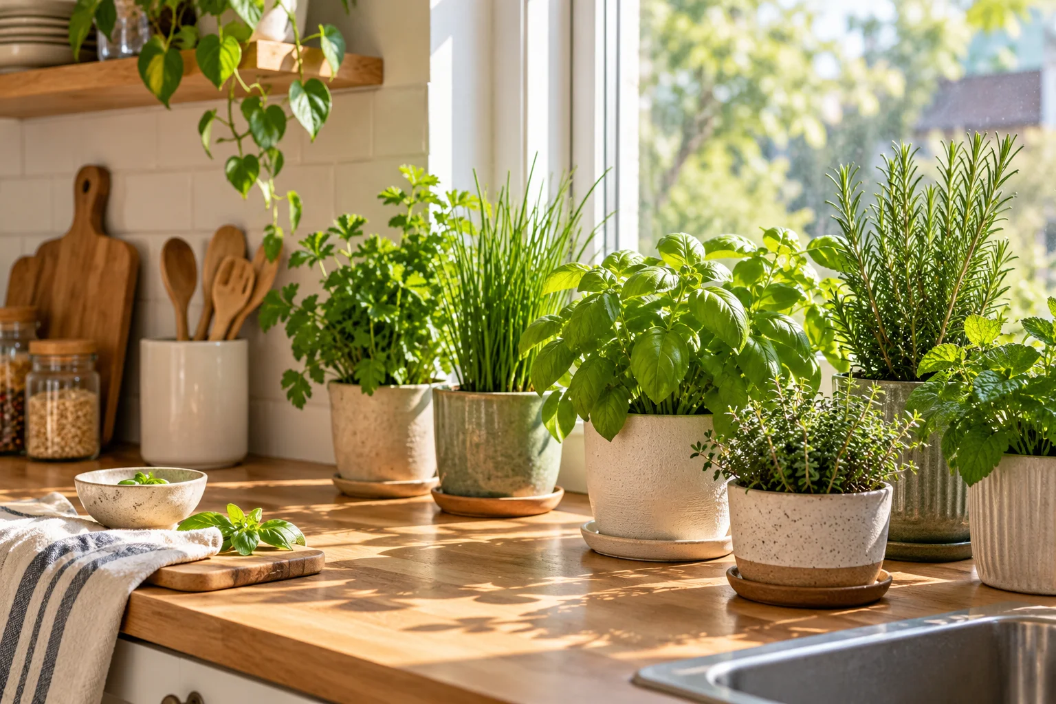 Potted culinary herbs arranged on a bright kitchen counter near a window