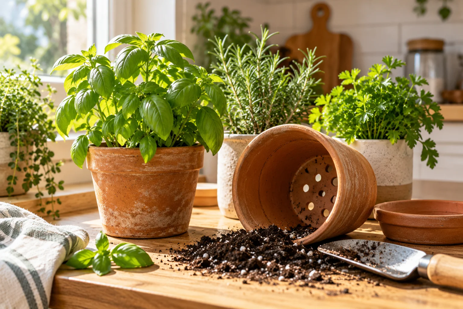 Terracotta herb pots with drainage holes and potting mix on a kitchen counter