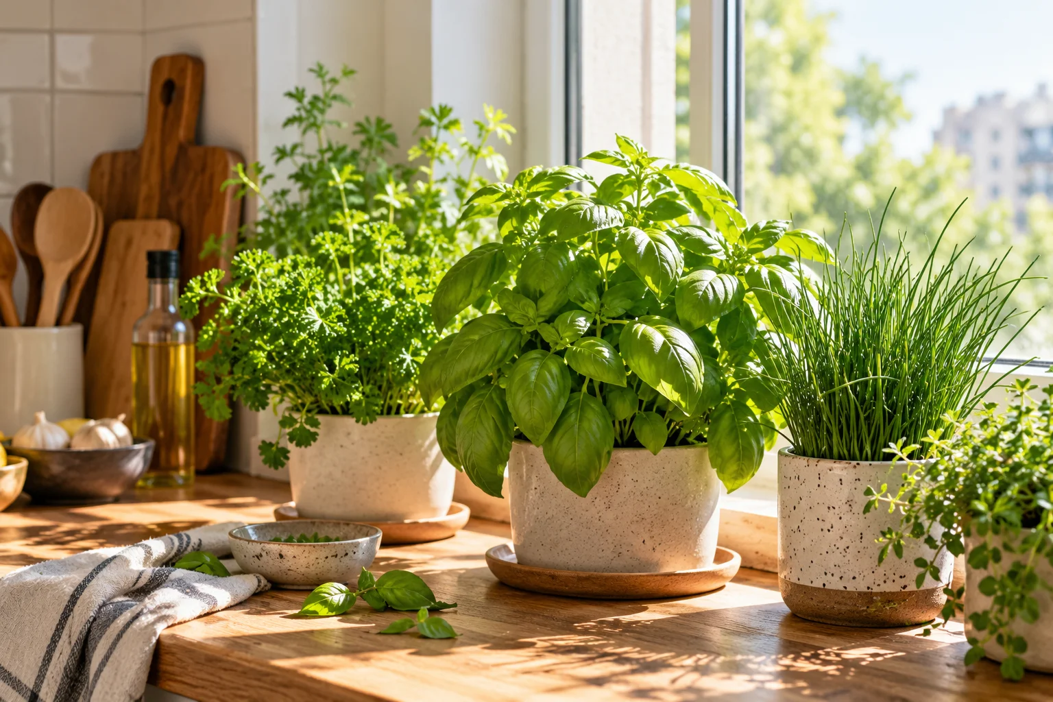 Basil parsley and chives growing in pots on a sunny kitchen windowsill